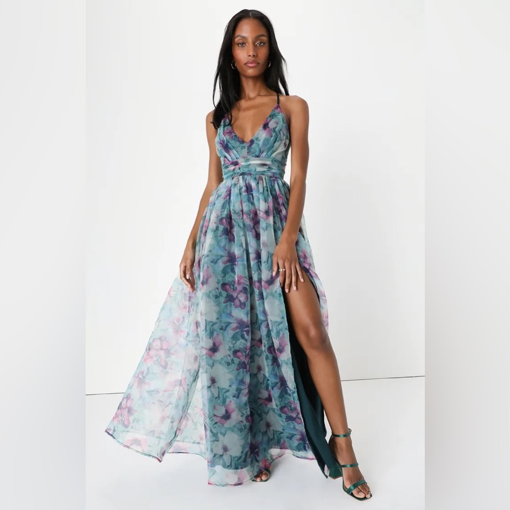 Romance That Wows Dark Teal Floral Print Organza Maxi Dress